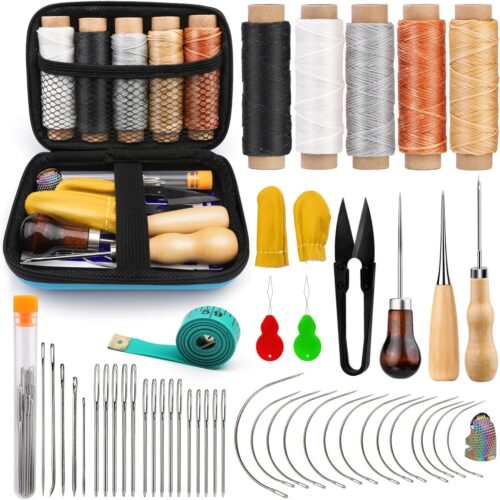 815JolJ1EEL._AC_SL1500_ Leather Sewing Kit, Leather Large Eye Sewing Needles, Stitching Awl, Thimble, Heavy Duty Sewing Upholstery Repair Kit