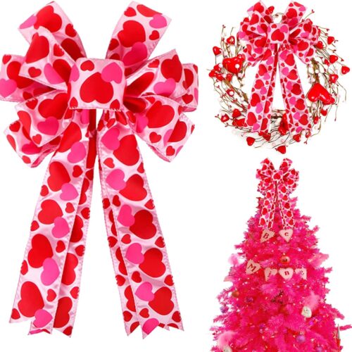 Valentine Tree Topper Bow with Heart Decorations, 11.4”x19.6” Large Red Pink Valentines Wreath Bow Decor