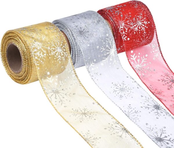 Christmas Wired Sheer Glitter Snowflake Organza Ribbon for Xmas Tree, Wreath, Party Decoration, Gift Wrapping, 3 Rolls 2.5 Inch Wide 2