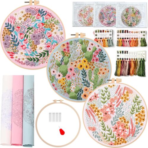 81+6NYgsfQL._AC_SL1500_ 3 Pcs Flower Embroidery kit for Beginners, Embroidery Stitch Practice Kits for Adults with Hoop