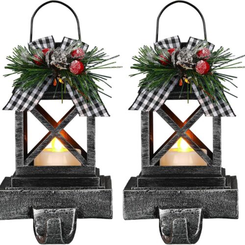 2 Pcs Christmas Stocking Holders Lantern Stocking Hangers for Mantel Retro Xmas