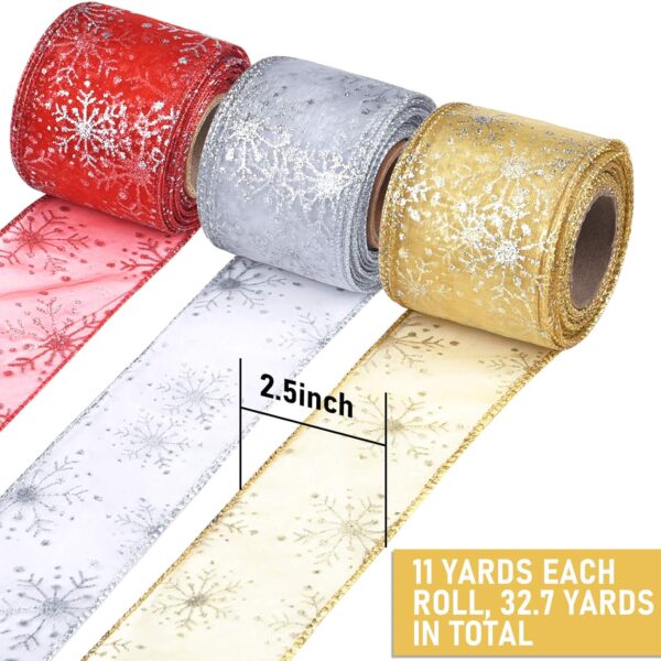 Christmas Wired Sheer Glitter Snowflake Organza Ribbon for Xmas Tree, Wreath, Party Decoration, Gift Wrapping, 3 Rolls 2.5 Inch Wide 3