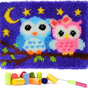 Latch Hook Rug Kits for Kids Adults, Owl Printed DIY Rug Hooking Kits, Carpet Embroidery Yarn Needlework Set for Home Decor