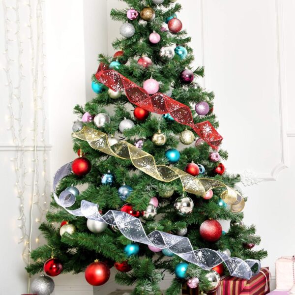 Christmas Wired Sheer Glitter Snowflake Organza Ribbon for Xmas Tree, Wreath, Party Decoration, Gift Wrapping, 3 Rolls 2.5 Inch Wide 4