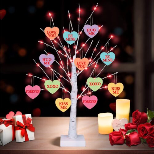 [Timer] Valentines Day Decoration 24 Inch Valentines Decor Tree Light with 12 Heart Ornaments