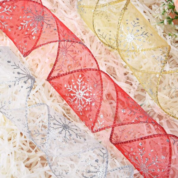 Christmas Wired Sheer Glitter Snowflake Organza Ribbon for Xmas Tree, Wreath, Party Decoration, Gift Wrapping, 3 Rolls 2.5 Inch Wide 5