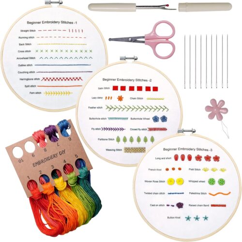 81Ra+bveqiL._AC_SL1500_ 3 Sets Embroidery Kit to Learn 30 Different Stitches for Craft Lover Hand Stitch with Embroidery Fabric