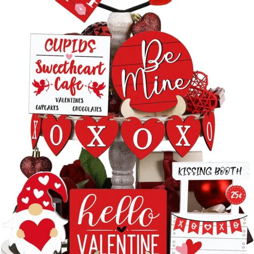81esCCJlFjL._AC_SL1500_ 12 Pcs Valentine's Day Tiered Tray Decor Set Valentines Heart Wood Sign Gnome Truck