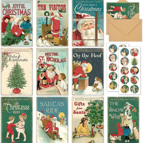 40 Pack Vintage Christmas Cards Santa Christmas Tree Snowman Greeting Cards with Stickers
