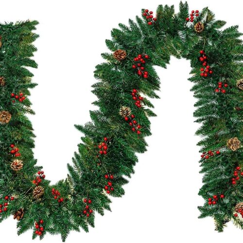 Christmas Garland - 10FT Pine Garland with Red Berries Snow Pine Cones for Indoor Outdoor Christmas Decorations