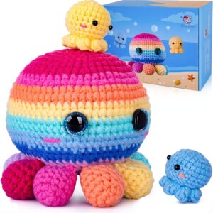 Crochet Starter Kit Learn to Crochet Kits for Adults Kids Beginners, Jumbo 3 Colorful Octopus Familly