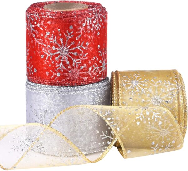 Christmas Wired Sheer Glitter Snowflake Organza Ribbon for Xmas Tree, Wreath, Party Decoration, Gift Wrapping, 3 Rolls 2.5 Inch Wide 1