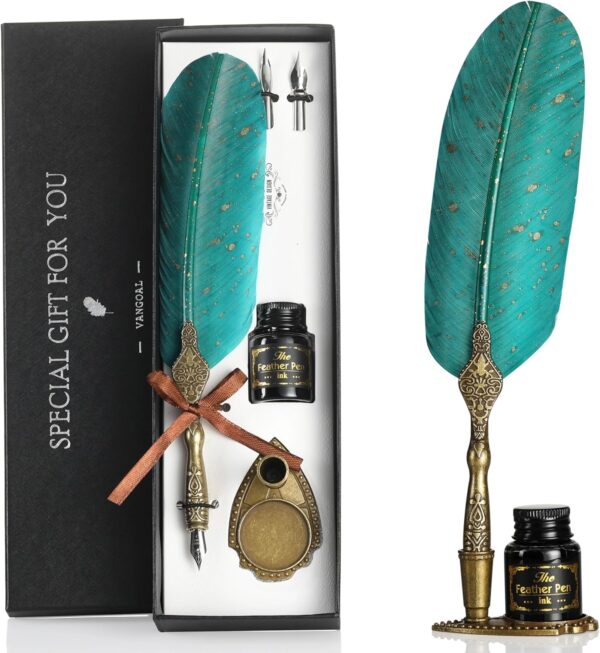 Vintage Green Feather Pen and Ink Set, Classic Series Goose Quill Pen 1