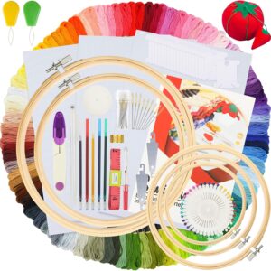Embroidery Kit 215 Pcs,100 Colors Threads,5 Pcs Embroidery Hoops,3 Pcs Aida Cloth