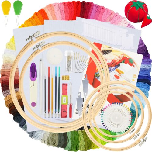 81z6ENd7ZGL._AC_SL1500_ Embroidery Kit 215 Pcs,100 Colors Threads,5 Pcs Embroidery Hoops,3 Pcs Aida Cloth