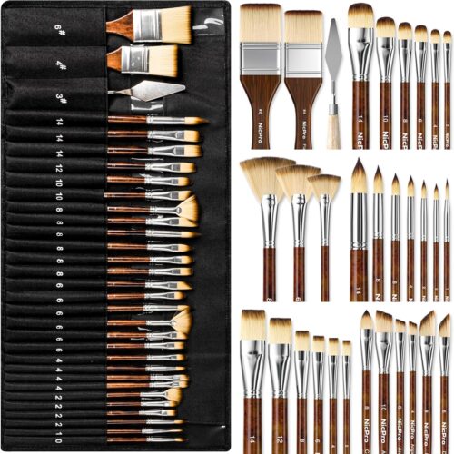 81z7xO4ZDNL._AC_SL1500_ 30pcs Paint Brush Set, Professional Paintbrushes with Paint Spatula and Cloth Roll