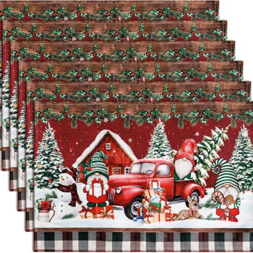 91qhA1-bL+L._AC_SL1500_ Christmas Placemats Set of 6, Rustic Holiday Gnomes Dining Table Mats, Washable Thick Cotton Linen
