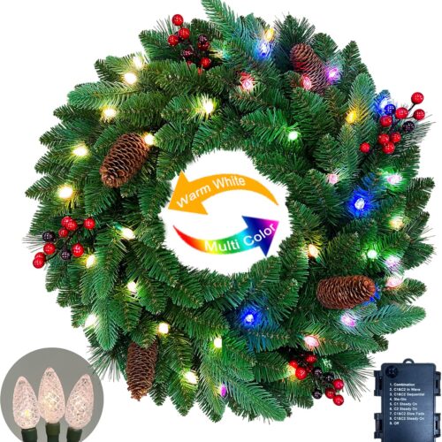 26 inches Pre-lit Artificial Christmas Wreath with Red Berries