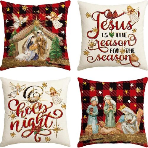 GHS1117-010SZ_1 AVOIN colorlife Christmas O Holy Night Jesus Cardinal Buffalo Plaid Throw Pillow Covers, 18 x 18 Inch Christmas Saying Winter Holiday Cushion Case Decoration for Sofa Couch Set of 4