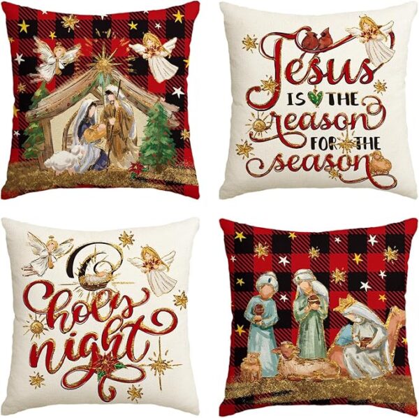 AVOIN colorlife Christmas O Holy Night Jesus Cardinal Buffalo Plaid Throw Pillow Covers, 18 x 18 Inch Christmas Saying Winter Holiday Cushion Case Decoration for Sofa Couch Set of 4 1