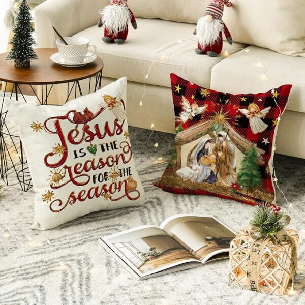AVOIN colorlife Christmas O Holy Night Jesus Cardinal Buffalo Plaid Throw Pillow Covers, 18 x 18 Inch Christmas Saying Winter Holiday Cushion Case Decoration for Sofa Couch Set of 4 2
