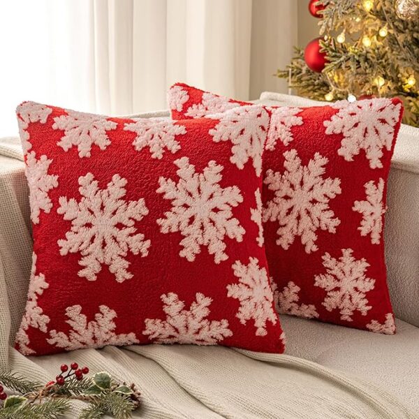 EMEMA Set of 2 Christmas Decorative Throw Pillow Covers Soft Faux Wool Fuzzy Short Fleece Cute Couch Cushion Case with White Snowflake Pillowcase for Home Decor Sofa Bed Living Room 18×18 Inch, Red 1