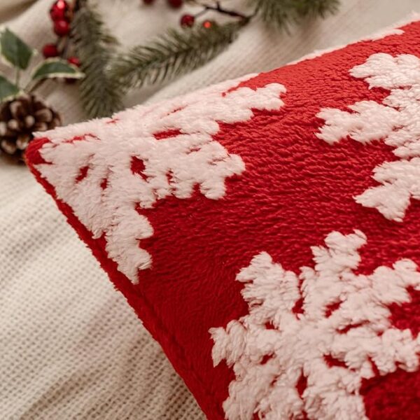 EMEMA Set of 2 Christmas Decorative Throw Pillow Covers Soft Faux Wool Fuzzy Short Fleece Cute Couch Cushion Case with White Snowflake Pillowcase for Home Decor Sofa Bed Living Room 18×18 Inch, Red 2