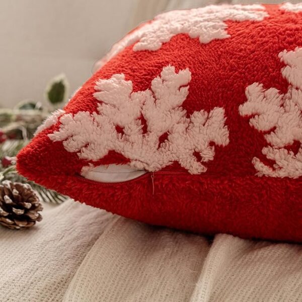 EMEMA Set of 2 Christmas Decorative Throw Pillow Covers Soft Faux Wool Fuzzy Short Fleece Cute Couch Cushion Case with White Snowflake Pillowcase for Home Decor Sofa Bed Living Room 18×18 Inch, Red 3