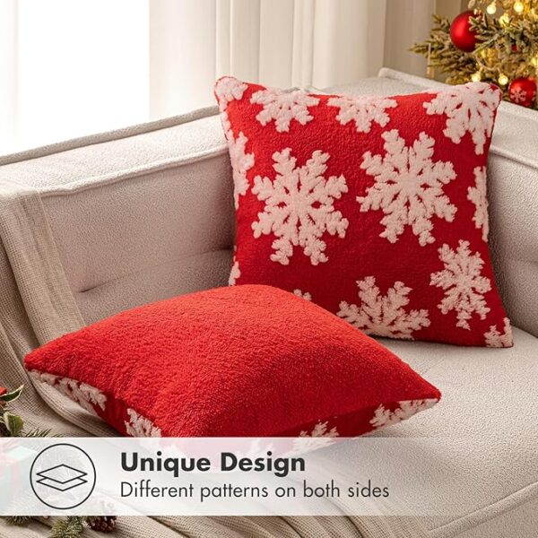EMEMA Set of 2 Christmas Decorative Throw Pillow Covers Soft Faux Wool Fuzzy Short Fleece Cute Couch Cushion Case with White Snowflake Pillowcase for Home Decor Sofa Bed Living Room 18×18 Inch, Red 4