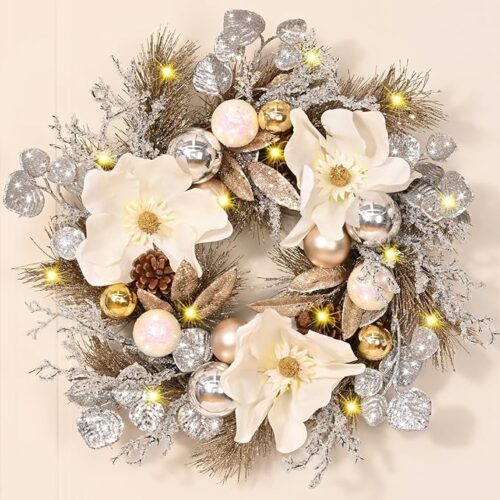 GHS1120-027SZ_1 Christmas Wreath - Christmas Wreaths for Front Door, 18" Christmas Door Wreath with Magnolia Flowers Champagne Gold Christmas Balls for Home Wall Window Indoor Outdoor Decorations