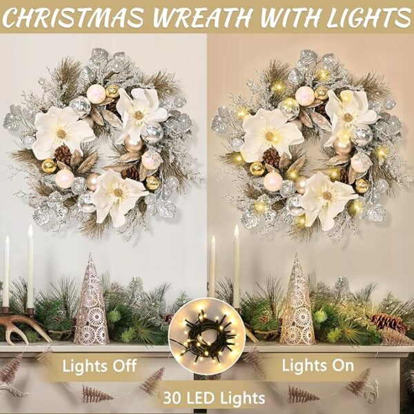 Christmas Wreath - Christmas Wreaths for Front Door, 18" Christmas Door Wreath with Magnolia Flowers Champagne Gold Christmas Balls for Home Wall Window Indoor Outdoor Decorations 2