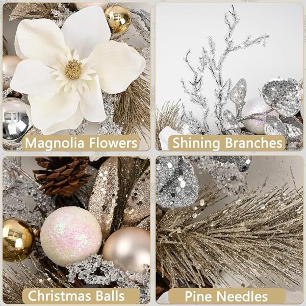 Christmas Wreath - Christmas Wreaths for Front Door, 18" Christmas Door Wreath with Magnolia Flowers Champagne Gold Christmas Balls for Home Wall Window Indoor Outdoor Decorations 3