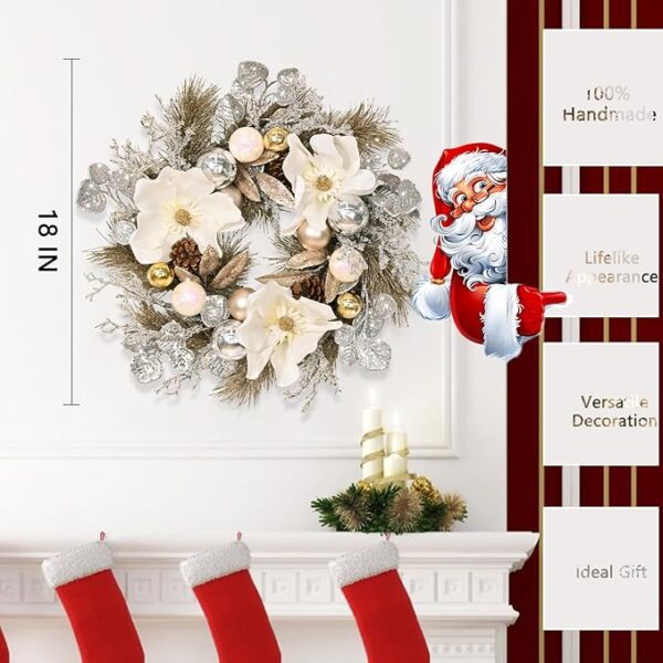 Christmas Wreath - Christmas Wreaths for Front Door, 18" Christmas Door Wreath with Magnolia Flowers Champagne Gold Christmas Balls for Home Wall Window Indoor Outdoor Decorations 4
