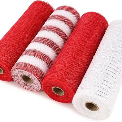 GHS15kbSZ_1 LaRibbons Christmas Deco Mesh Ribbon,10 inch x 30 feet(10 Yard) Each Roll,Metallic Foil Red and White Rolls for Wreaths Making, Swags and Christmas Tree Decoration,4 Roll
