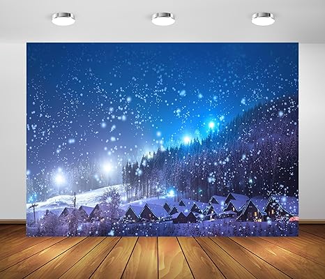 GHS387mSZ_1 BELECO 7x5ft Fabric Winter Christmas Village Backdrop Blue Night Sky Snow Scene Snowfall Snowflakes Fir Trees Forest Backdrop Winter Wonderland Christmas Party Decorations Kids Family Photo Props