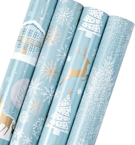 WRAPAHOLIC Christmas Wrapping Paper Roll - Blue and Silver Reindeer, Christmas Tree, Snowflake Holiday Design Printed on Pearlized Paper - 4 Rolls - 30 Inch x 120 Inch Per Roll