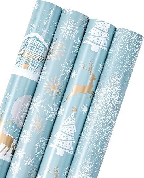 WRAPAHOLIC Christmas Wrapping Paper Roll - Blue and Silver Reindeer, Christmas Tree, Snowflake Holiday Design Printed on Pearlized Paper - 4 Rolls - 30 Inch x 120 Inch Per Roll 1