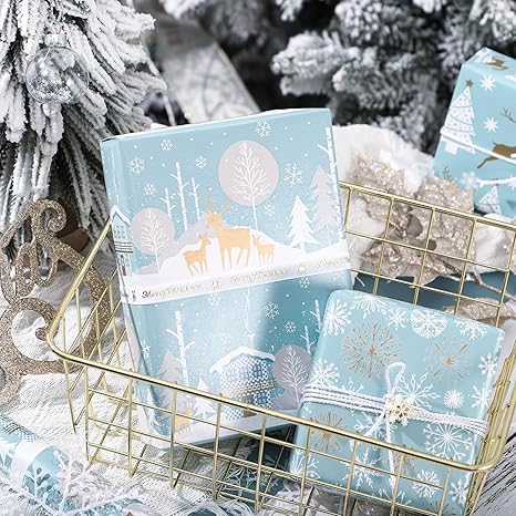 WRAPAHOLIC Christmas Wrapping Paper Roll - Blue and Silver Reindeer, Christmas Tree, Snowflake Holiday Design Printed on Pearlized Paper - 4 Rolls - 30 Inch x 120 Inch Per Roll 3