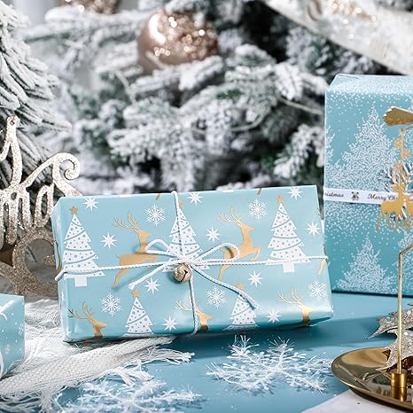 WRAPAHOLIC Christmas Wrapping Paper Roll - Blue and Silver Reindeer, Christmas Tree, Snowflake Holiday Design Printed on Pearlized Paper - 4 Rolls - 30 Inch x 120 Inch Per Roll 4