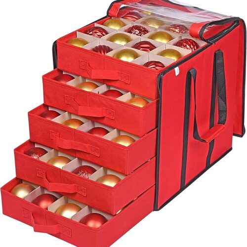 GHS5hp7SZ_1 ProPik Christmas Ornament Storage Boxes with Dividers - 5 Separate Trays - Ornament Holder - Keeps 100 Holiday Ornaments - Durable Carrying Bag Handles Organizer Storage Box (Red)