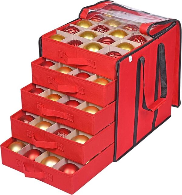 ProPik Christmas Ornament Storage Boxes with Dividers - 5 Separate Trays - Ornament Holder - Keeps 100 Holiday Ornaments - Durable Carrying Bag Handles Organizer Storage Box (Red) 1