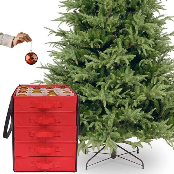 ProPik Christmas Ornament Storage Boxes with Dividers - 5 Separate Trays - Ornament Holder - Keeps 100 Holiday Ornaments - Durable Carrying Bag Handles Organizer Storage Box (Red) 2