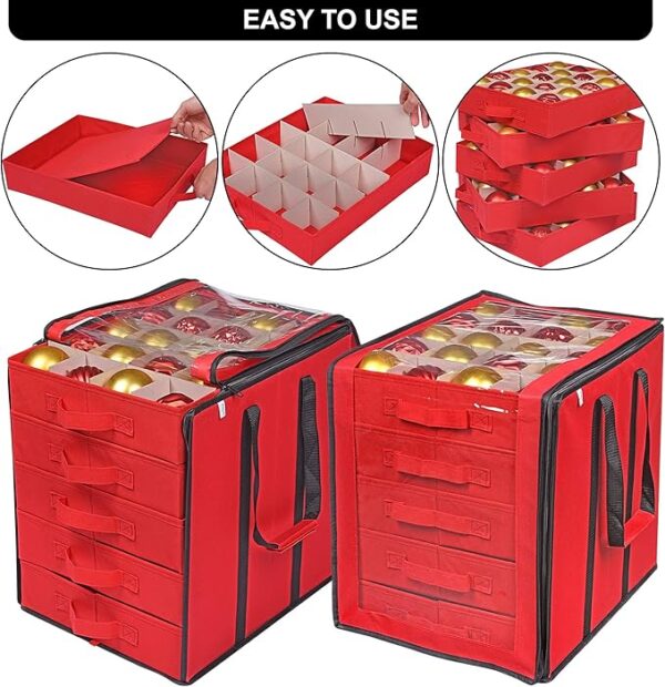 ProPik Christmas Ornament Storage Boxes with Dividers - 5 Separate Trays - Ornament Holder - Keeps 100 Holiday Ornaments - Durable Carrying Bag Handles Organizer Storage Box (Red) 3