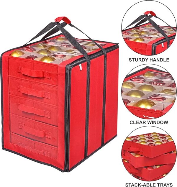 ProPik Christmas Ornament Storage Boxes with Dividers - 5 Separate Trays - Ornament Holder - Keeps 100 Holiday Ornaments - Durable Carrying Bag Handles Organizer Storage Box (Red) 4