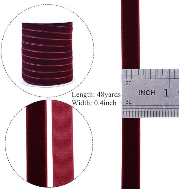 48 Yards Burgundy Velvet Ribbon 3/8Inch Velvet Fabric Ribbon Trim Single Face Spool Satin Velvet Ribbon for Gift Wrapping Bow Making Christmas Decoration 2