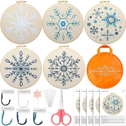 Yuxung 5 Set Christmas Embroidery Kit for Beginners Snowflakes Cross DIY Needlepoint Kit with Patterns Full Range of Winter Cross Kits, Embroidery Hoops and Color Threads for Christmas Celebration