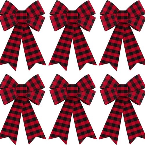 GHS9lunSZ_1 MCEAST 6 Pack Christmas Wreath Bow 9 x 12 Inches Red Bows Christmas Tree Bows Xmas Bows Decoration for Indoor and Outdoor (Red + Black)