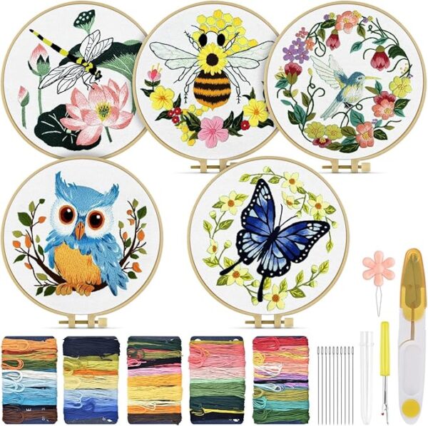 TINDTOP 5 Sets Embroidery Kit for Beginners Adult, Embroidery Kit for Beginners Include Embroidery Cloth Hoops Threads for Craft Lover Hand Stitch with Embroidery Skill Techniques 1