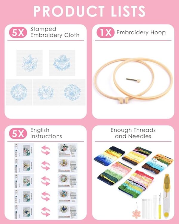 TINDTOP 5 Sets Embroidery Kit for Beginners Adult, Embroidery Kit for Beginners Include Embroidery Cloth Hoops Threads for Craft Lover Hand Stitch with Embroidery Skill Techniques 2