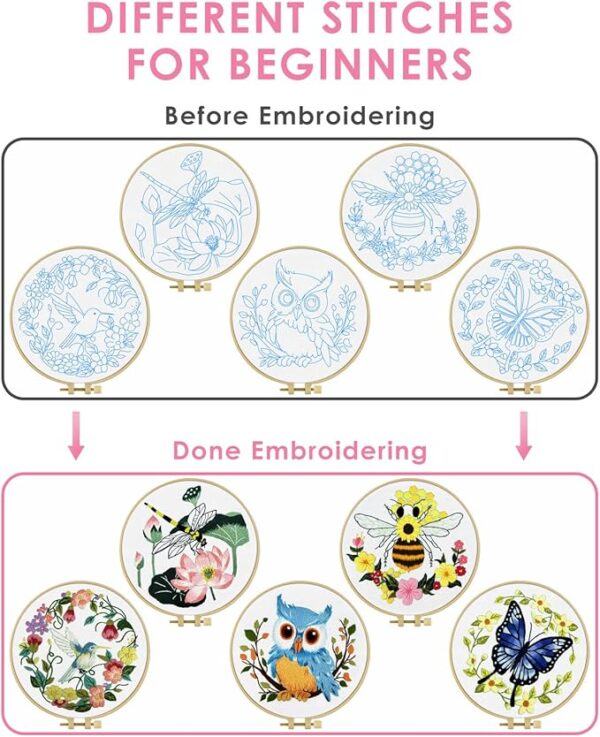 TINDTOP 5 Sets Embroidery Kit for Beginners Adult, Embroidery Kit for Beginners Include Embroidery Cloth Hoops Threads for Craft Lover Hand Stitch with Embroidery Skill Techniques 3